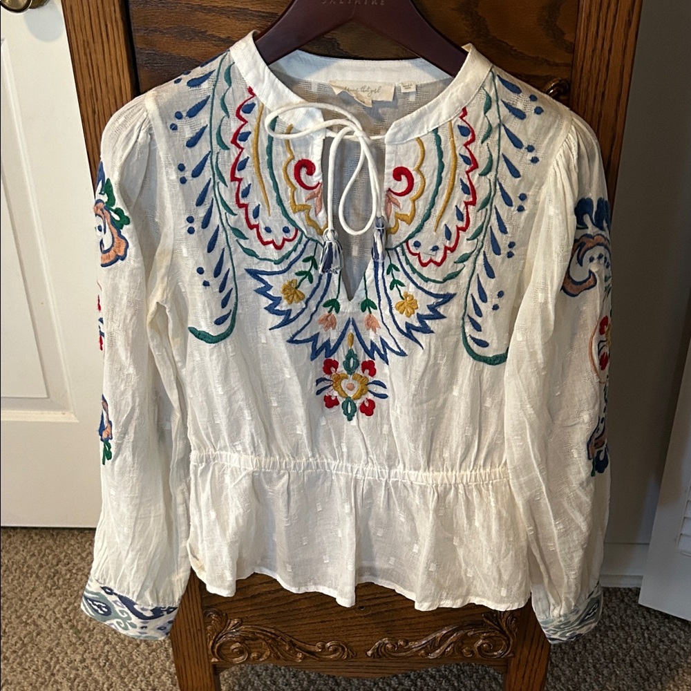 Anthropologie Embroidered White Blouse